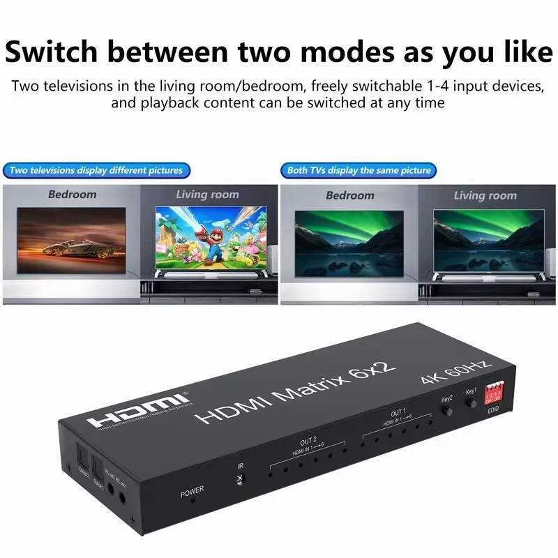 6x2 HDMI Matrix Switch 4K 60Hz HDMI Matrix 6 in 2 out Video Switcher Splitter with optical R/L Audio Extractor for PC Loptop TV