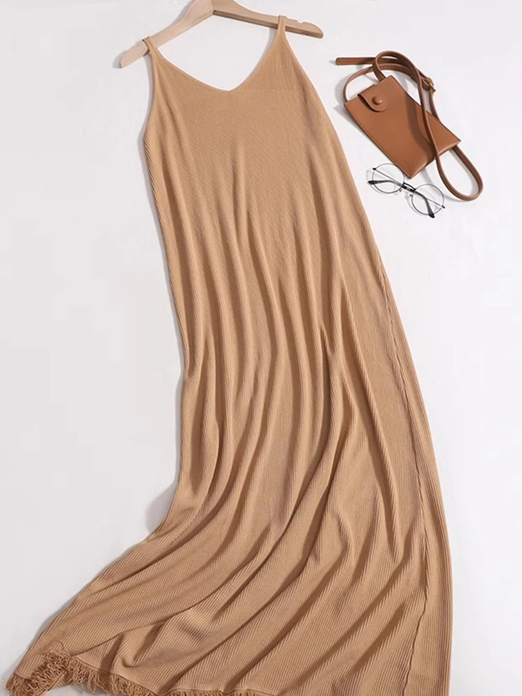 Robe tricotée coréenne pour Femme, Sexy, col en V, sans manches, couleur unie, pompon, ample, bretelles Spaghetti, Robe longue décontractée, été, 2025