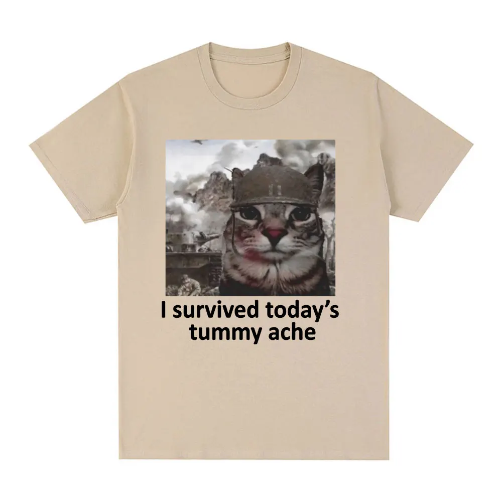 I Survived Today\'s Tummy Ache T-Shirt Funny Cat Meme Short Sleeve T Shirt Men Women Cotton Casual Oversized T Shirts Streetwear