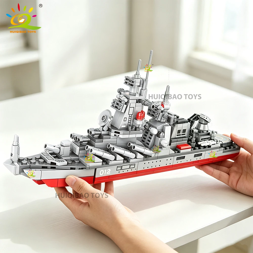 HUIQIBAO MOC Military Warships DIY Guided Missile Cruiser Ship Model Building Blocks Set For Weapons Army Boat Toys Adult Gift ﻿