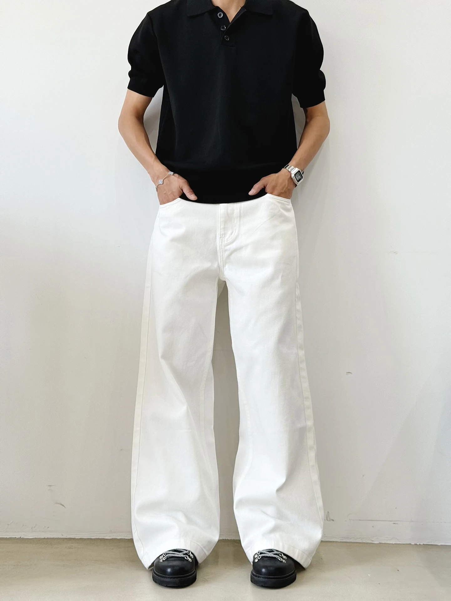 

Белые расклешенные джинсы BurnBro в американском стиле ретро, свободные прямые повседневные брюки для мужчин и женщин, свободные джинсы длиной до пола Cleanfit