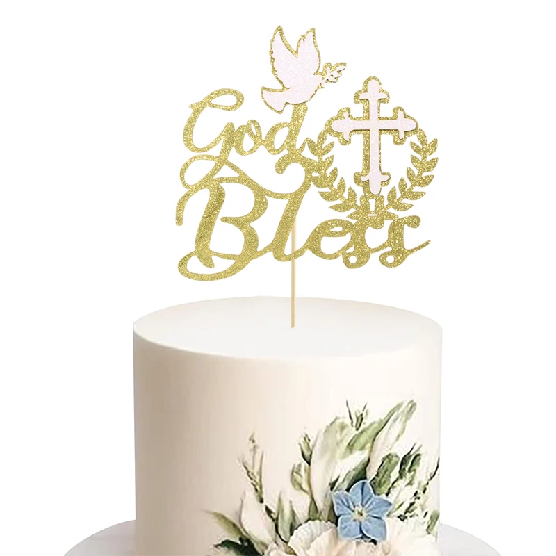 1pc, Golden God Bless Cake Insert, Baptism, Dedication Or First Communion Cake Decoration, Cake Decoration Supplies.