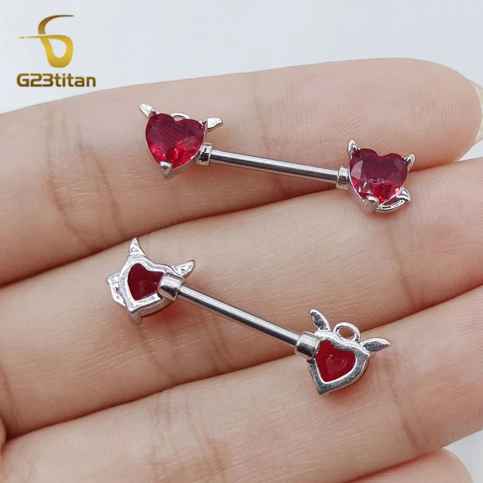 G23titan 2pcs Devil Red Heart Zircon Nipple Piercing Ring for Women 14G Surgical Titanium Barbell Sexy Body Jewelry Accessories