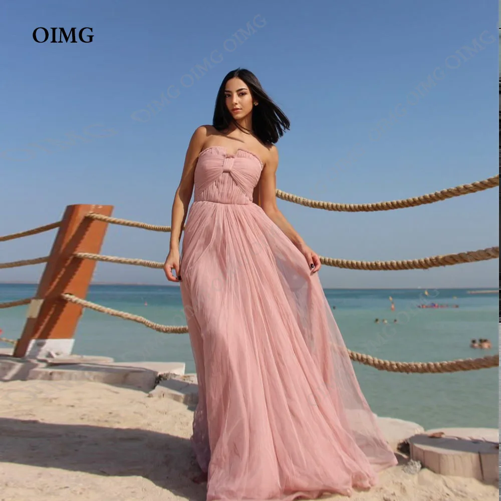 OIMG Simple Pink Tulle Sleeveless Empire Bridesmaid Dress A Line Floor Length Evening Prom Gowns Strapless Quinceanera Dresses