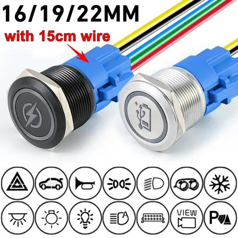 16/19/22MM Customized Metal Push Button Switch with Socket Start Stop For Car Boat Fog Black/Silver Waterproof LED Light 12V 24V
