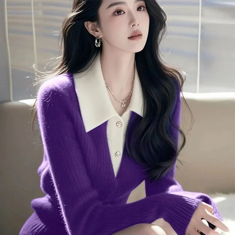 Women Unique And Beautiful Knitted Top For Autumn And Winter 2025 Milk Fufu Lazy Inside Paired With Purple Fake Two Sweaters