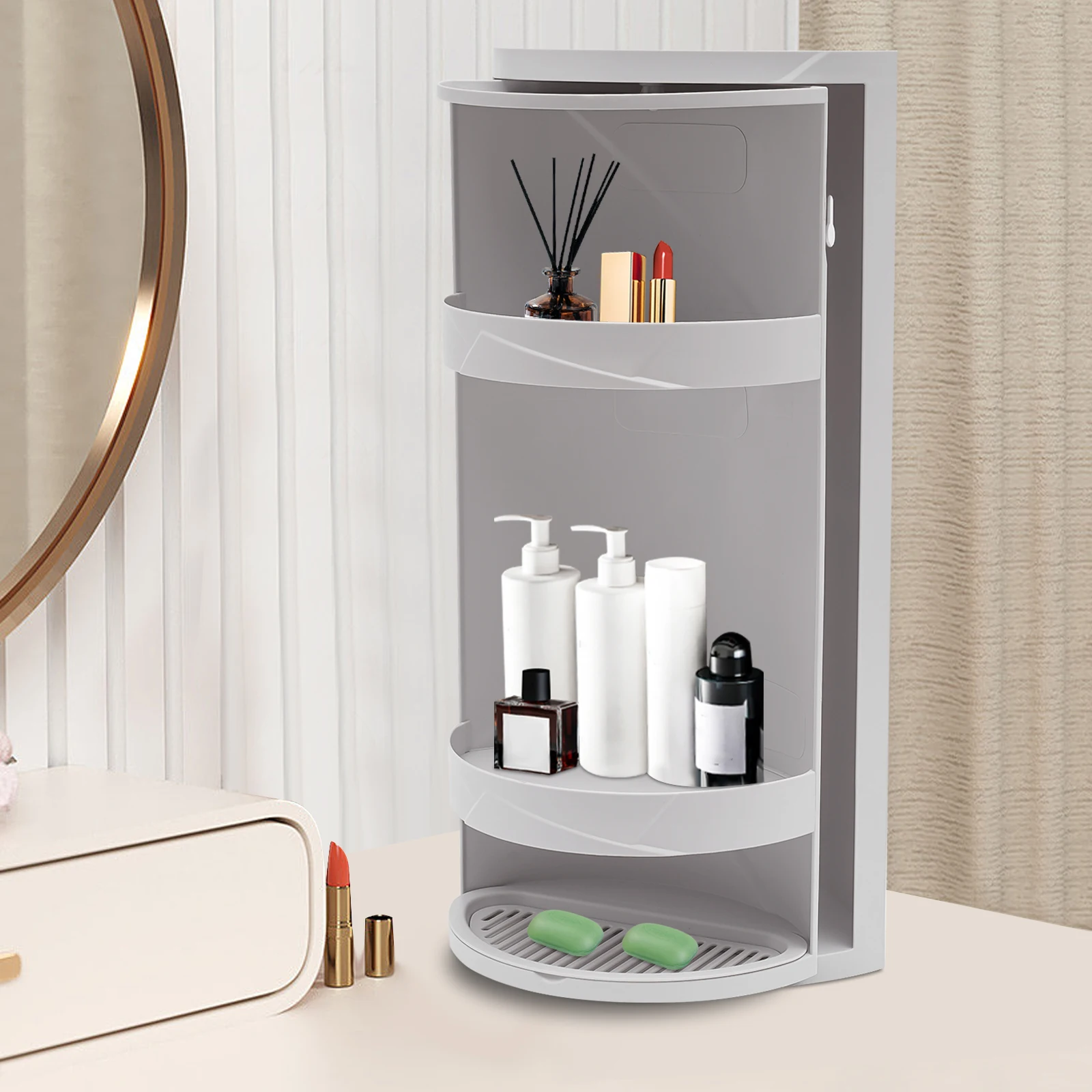 

3-Tier Modern Gray White Plastic Spinning Storage Organizer - Wall-Mount or Tabletop Rotating Shelf for Makeup, Office & Kitchen