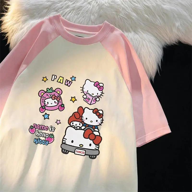 Cartoon Sanrioed Hellokittys Pure Cotton Summer New Color Matching Short Sleeved T-Shirt for Women Loose and Cute Sweet Top