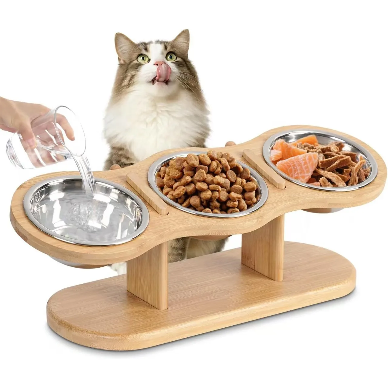 

Raised Cat Feeder 3 Bowls in 1 Feeding & Watering Supplies Raised Puppy 3 Stainless Steel Bowls Wood Stand Cats Accessories