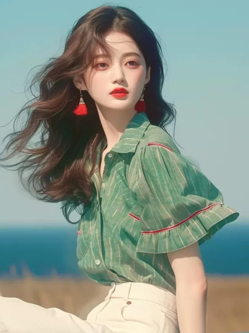 Chemisiers Vintage pour femmes, chemises à rayures coréennes, mode ample, vêtements à volants, vert, manches courtes, hauts pour femmes, printemps/été