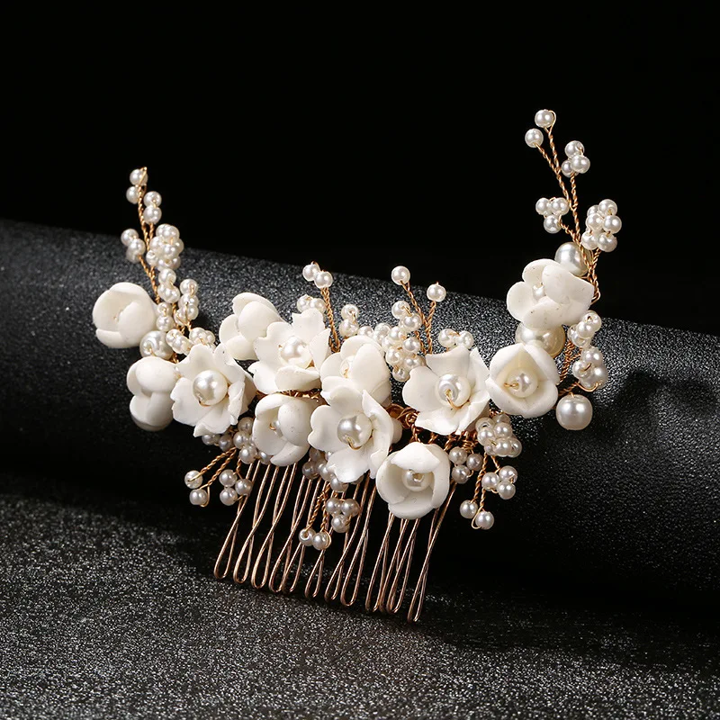 Handmade Elegant Ceramic Flower Hair Combs for Women Party Dress Tiara Hair Accessories Bridal Wedding Head Ornaments Headwear