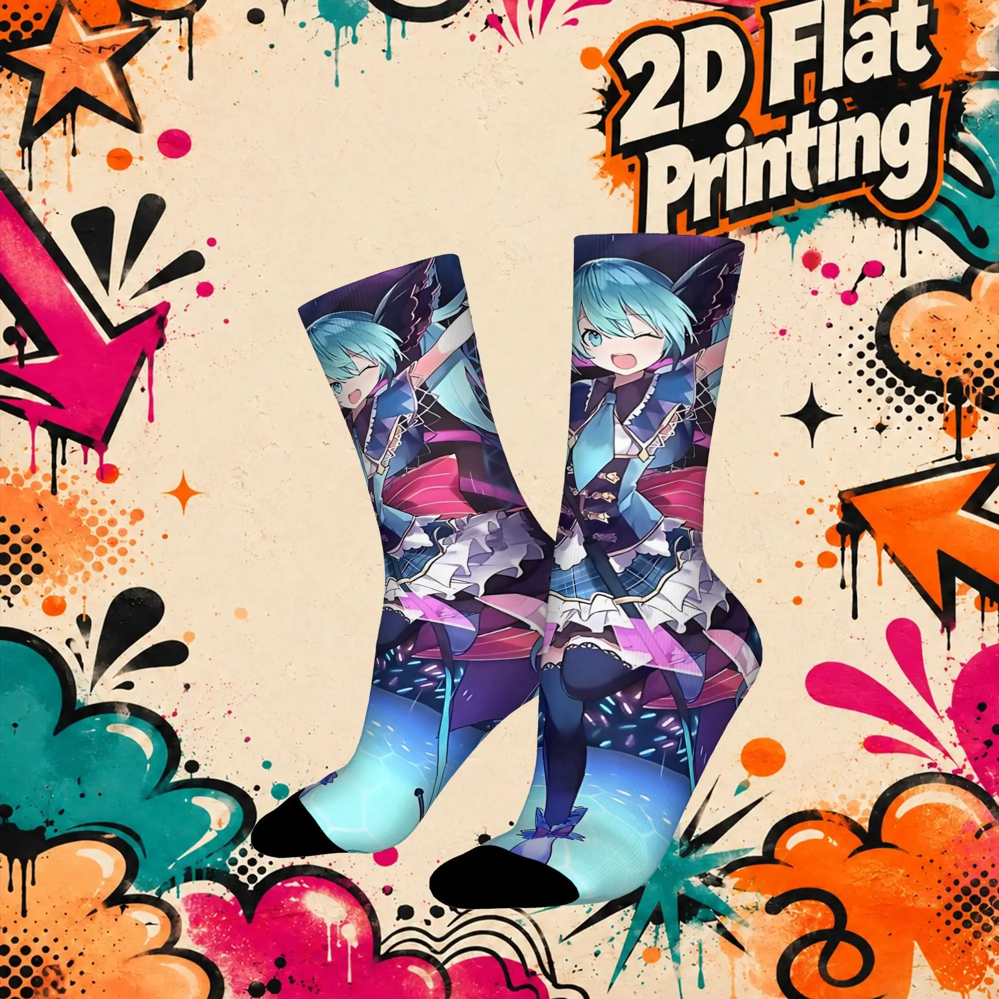 Fashion Hatsune Miku Cartoon Singer Vintage  Hip Hop Novelty Pattern Crew Crazy Sock Sports Socks