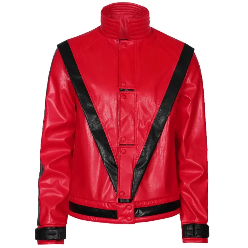 Michael Jackson Cosplay Costumes wig Thriller Jacket high quality Red Black PU Leather MV show Imitation Retro Halloween suit