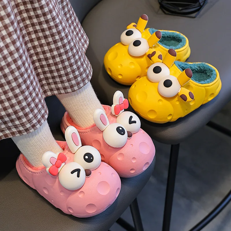 Animals Kids Slippers Winter Unicorn Giraffe Floor Warm Plush Boys Girls Slippers PVC Waterproof Non Slip Children Home Shoes