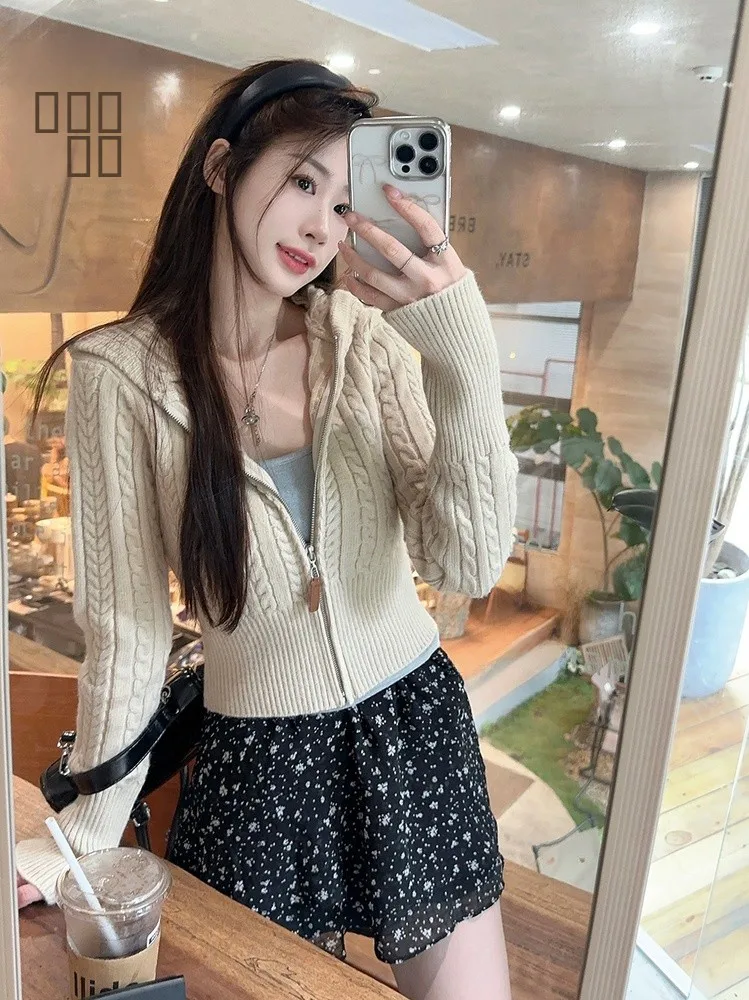 

Облегающий длинный вязаный свитер, пальто, женское осеннее пальто, маленький размер, иллюзорный тонкий ор-кардиган, топ на молнии, поворотный