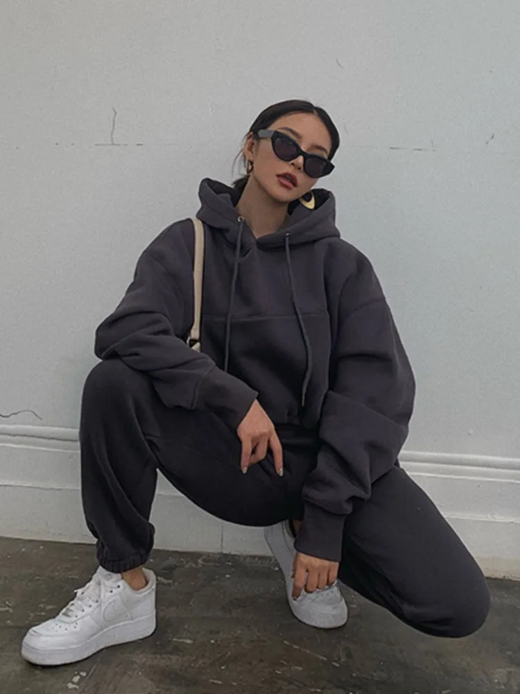 

Women Winter Fleece Hoodies Suit Spring Casual Pullover 2 Pieces Set Female Sweatshirts Sweatpants Outfits Clothes