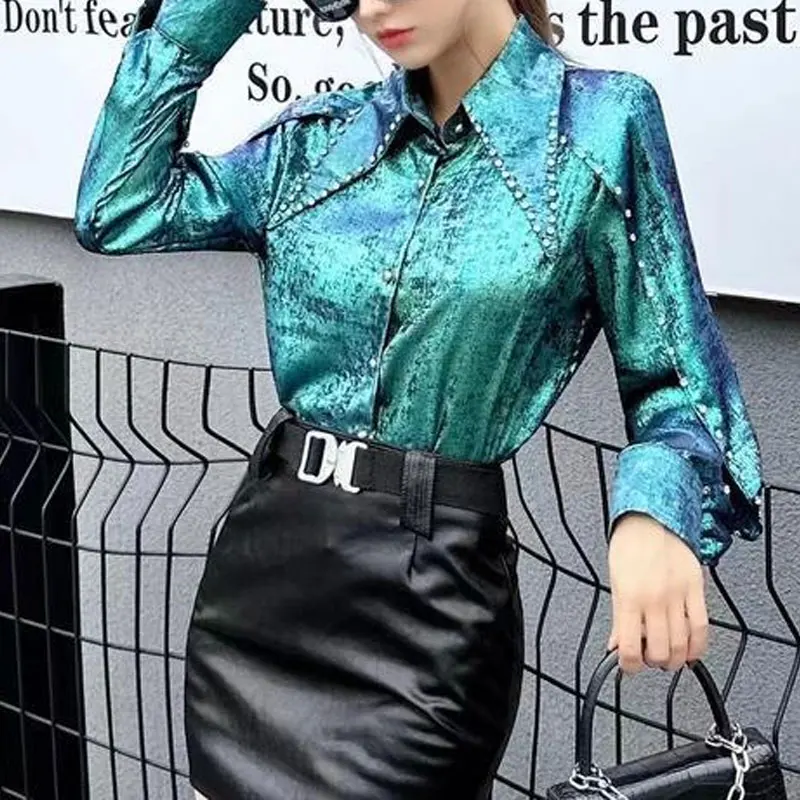 Hong Kong Style Fashion Bright Silk Blouse Spring Autumn Turn-down Collar Commute Female Clothing Spliced Chic Diamonds Shirt