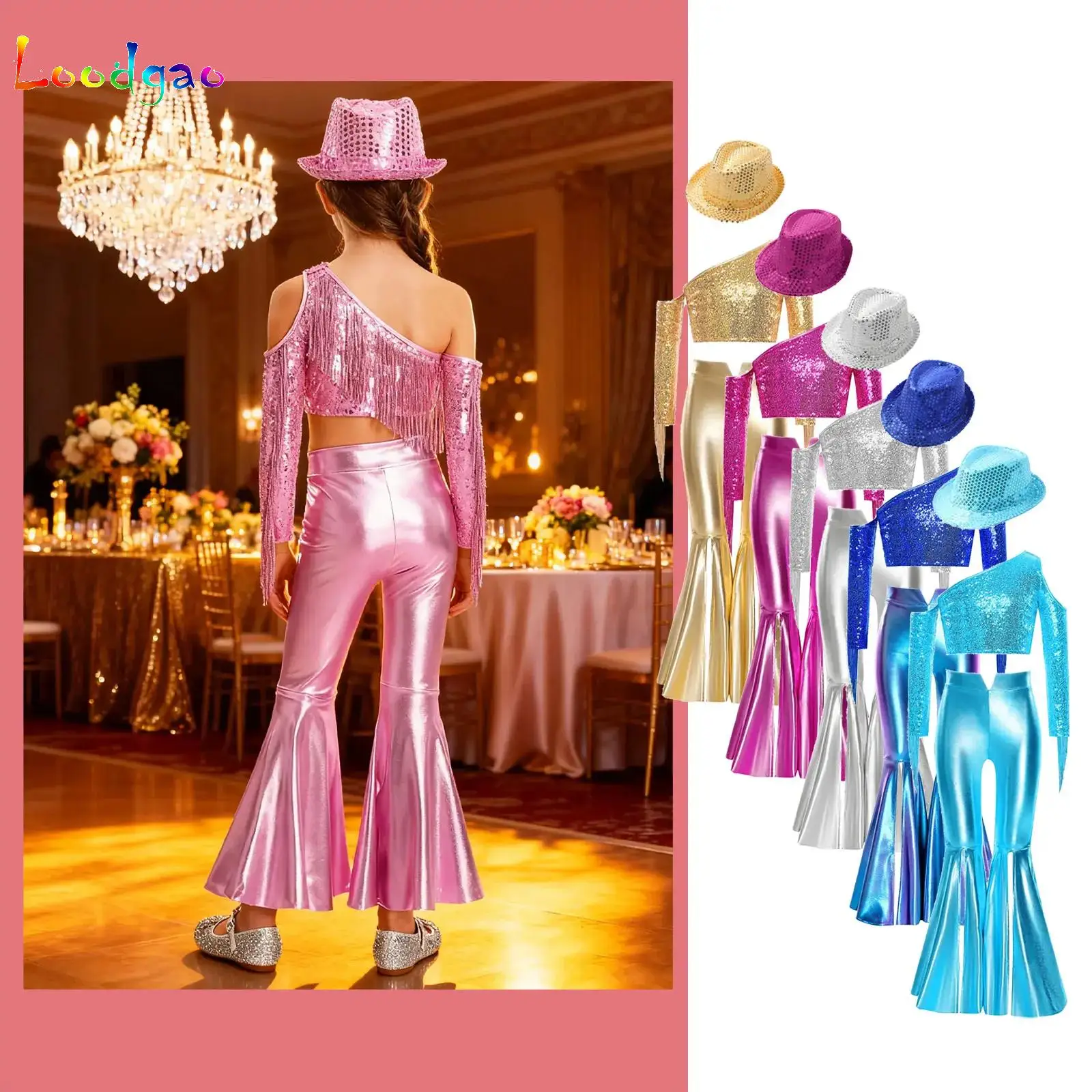 

Kids Girls Pageant Stage Outfit Sequined Crop Top with Bell-Bottom Pants And Cowgirl Hat Dance Set for Birthday Wedding Party