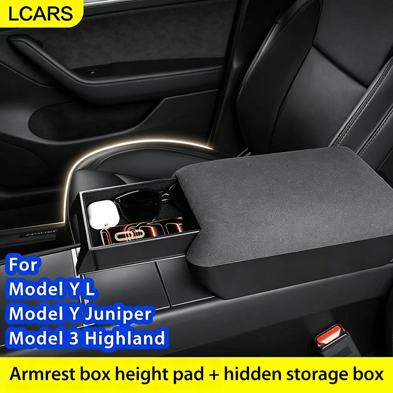 Tesla Lcars Is Suitable for Model Y Juniper / Model 3 Highland Interior Accessories, Armrest Box Hidden Storage Box, Center Console Storage Organizer with Velvet Cushion