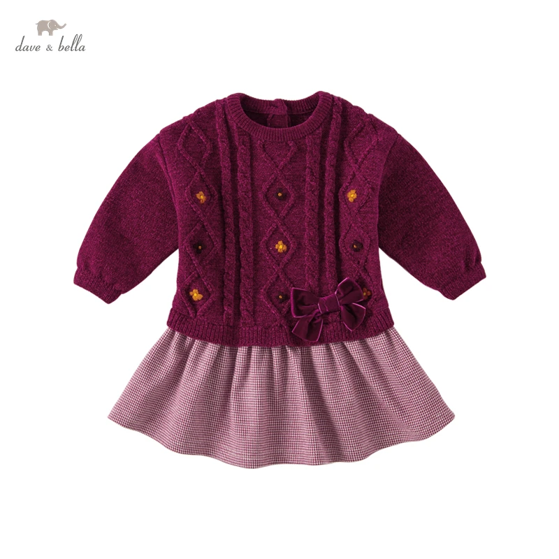 Dave Bella Autumn Baby Dresses For Girl  Fashion Knitted Dresses Rose Patchwork Dress Children Clothes DB4223924