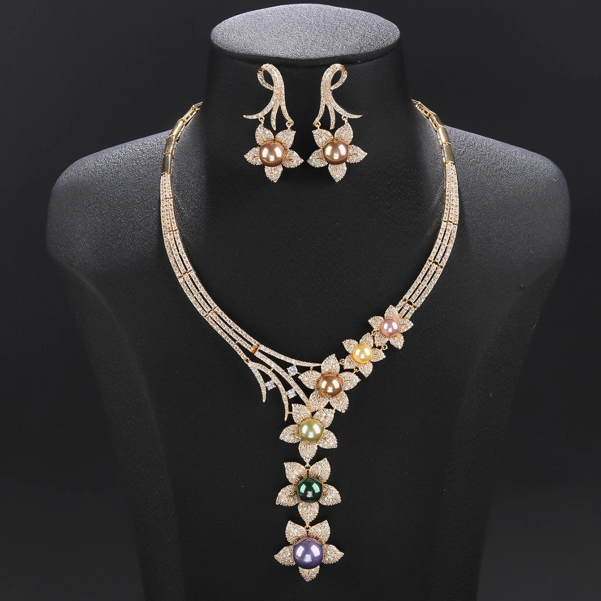 Beautiful Luxury 2 Pcs Cubic Zircon Pearl Flower Necklace Earrings Set Women Wedding Party Jewelry Set CN11457