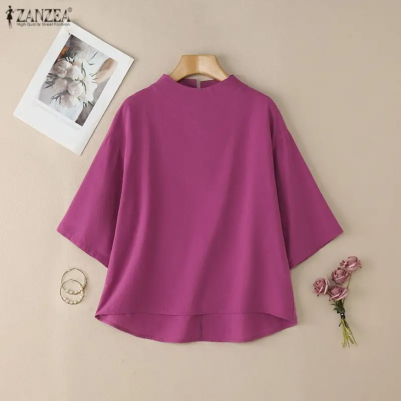 ZANZEA Blus Wanita Model High Low Gaya Kasual Musim Semi 2026 Lengan 3/4 Model Drop-Shoulder Kerah Tegak Polos Atasan Fashion Pakaian Wanita