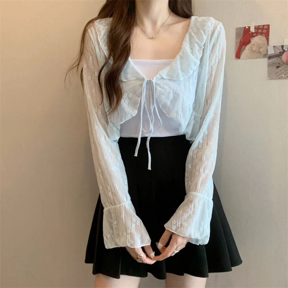 Floral Flower Thin Sunscreen Cardigan Top Ruffled Edge See Through Knitted Long Sleeves Sunscreen Top Korean