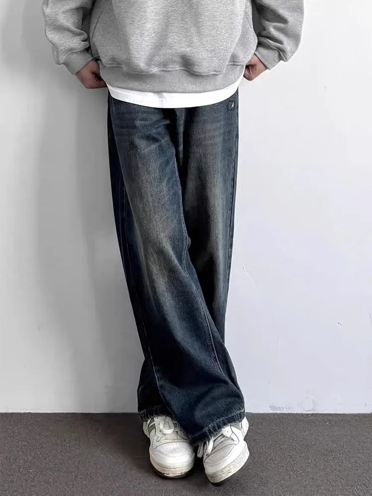 

Deep Blue Straight Leg Men's Denim Jeans Winter American Retro Waed Wide Leg Pants Loose Micro Flared Trousers
