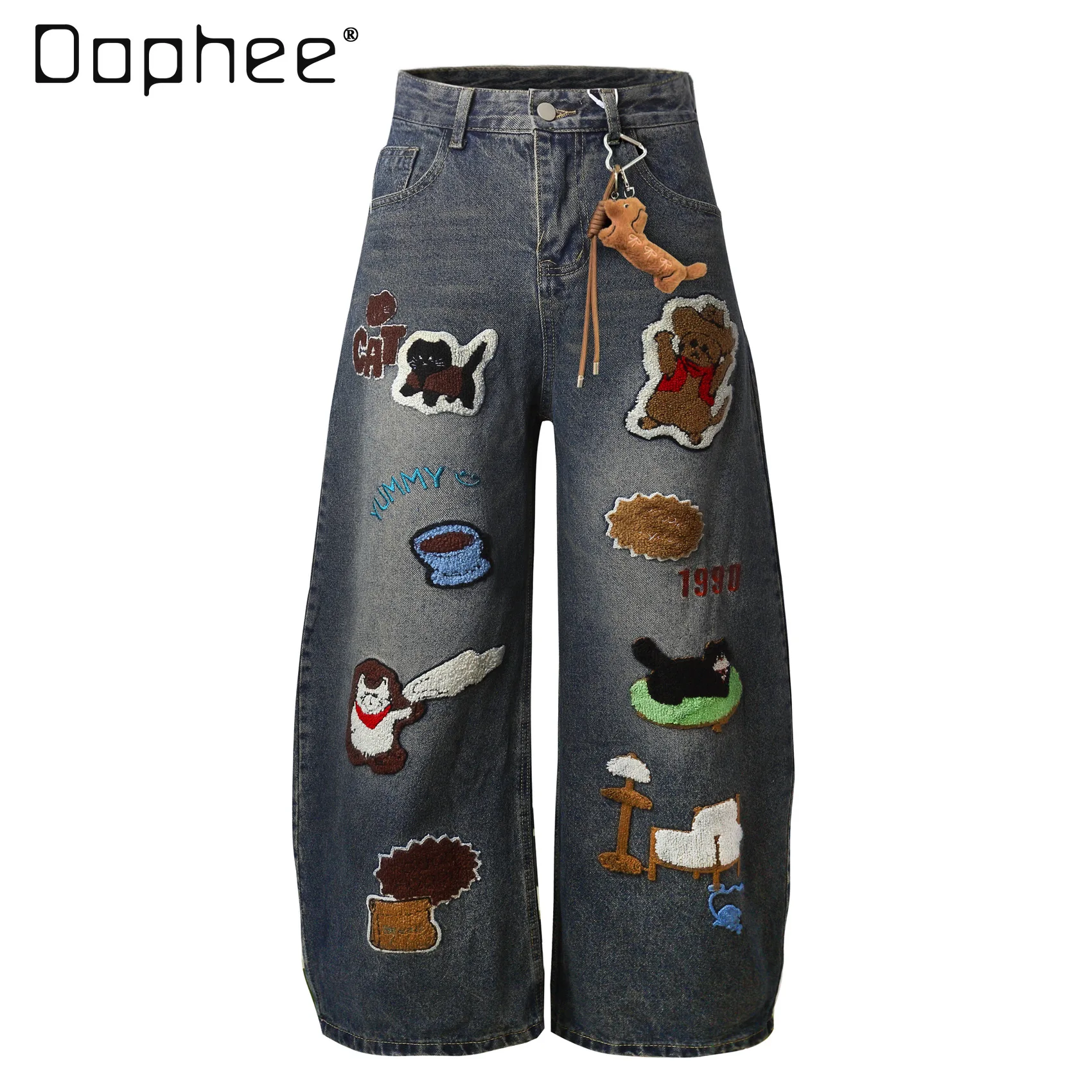 American Retro Towel Embroidered Puppy Scimitar Jeans for Men and Women Loose Casual Wide-Leg Pants Cargo Pants Women
