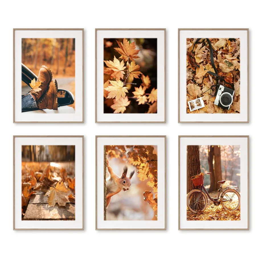 Autumn Maple Leaves Bike Camera Fall Deer Posters Prints Canvas Painting Wall Art Pictures For Living Room Home Decor