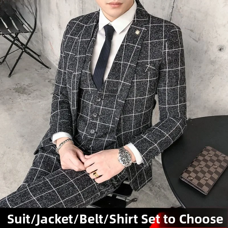 

Slim Fit Casual Wedding Men's Suit Jaet Korean Sle Tee Piece Plaid Ensemble Faionable Urban Youth Polyester Blend