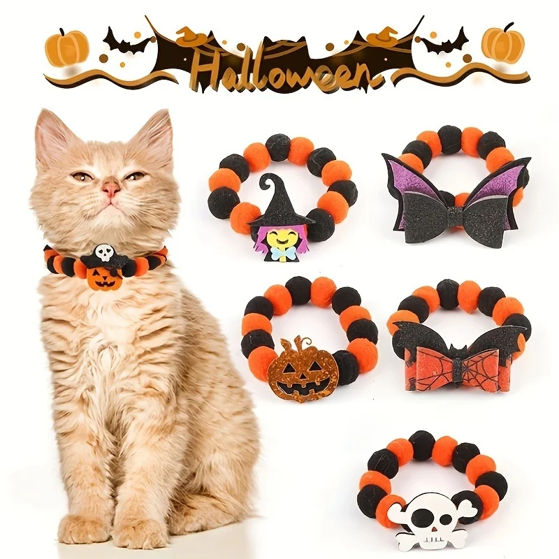 

Halloween Spooky Dog Cat Collar Adjustable Magic Stickers Bell Dog Necklace Festive Dress Up Party Pumpkin Skull Pet Costume