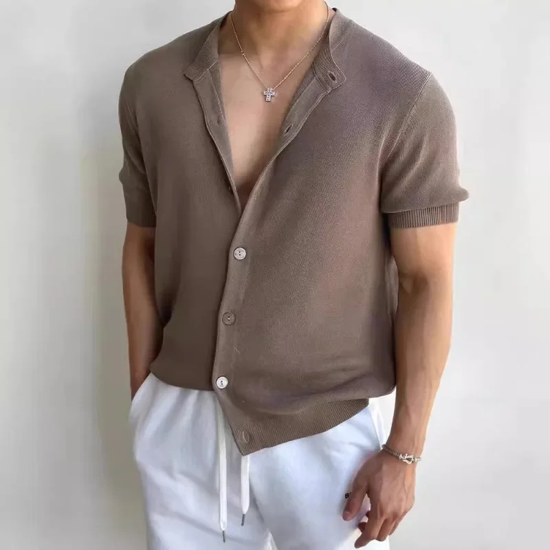 

Luxury Brand Men Knitted Cardigan Short Sleeve Summer Thin Single-breasted Knit Sweater Breathable Ice Silk T-shirt Outerwear