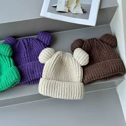 Children's cute bear ear knitted hat baby wool hat foreign style solid colour boys and girls pullover hat cute