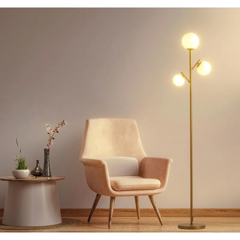 

3 Globe Gold Mid Century Floor Lamp, Modern Standing Lamp with Frosted Glass Shade & 3pcs Warm White LED Bulbs