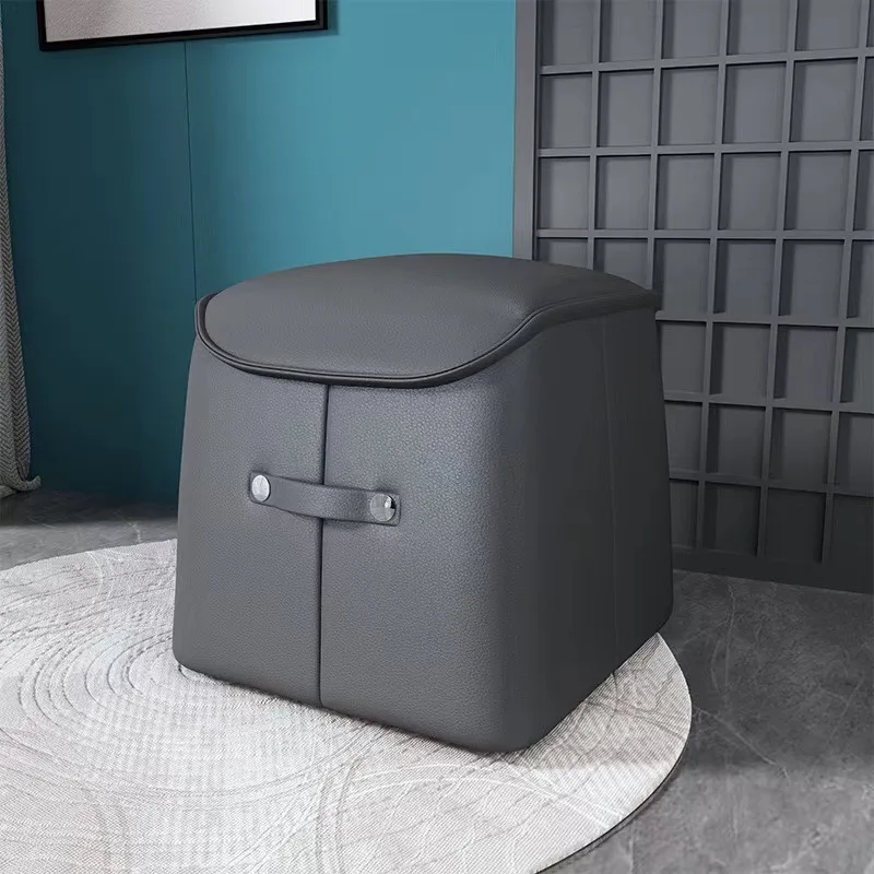 Italian Solid Wood Stool, Waterproof PU Leather Ottoman, Plush Living Room Footrest, Multicolor Tea Room Seating Furniture