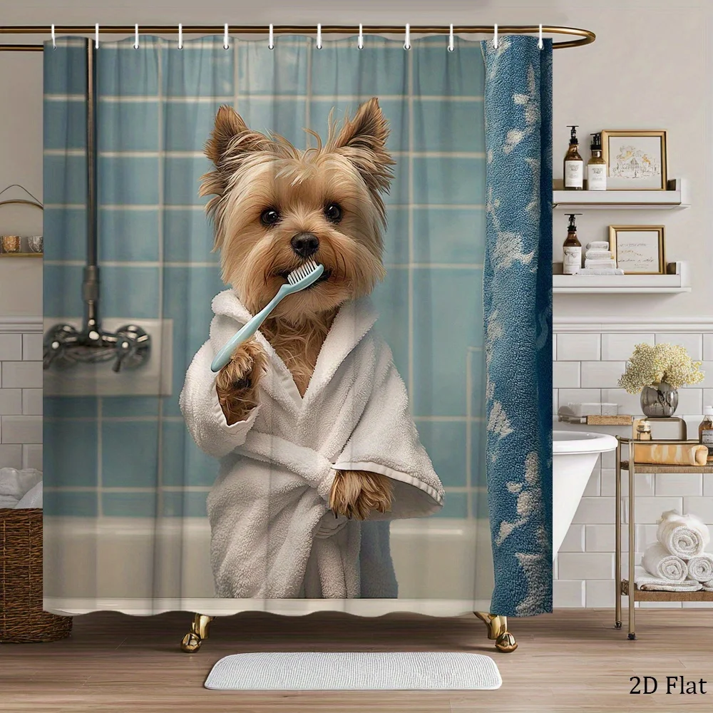 [2D Flat Printing] 1pc Yorkshire Terrier Puppy Shower Curtain, Blue Towel, White Bathtub, Playful Scene, cute Home Bathroom Deco