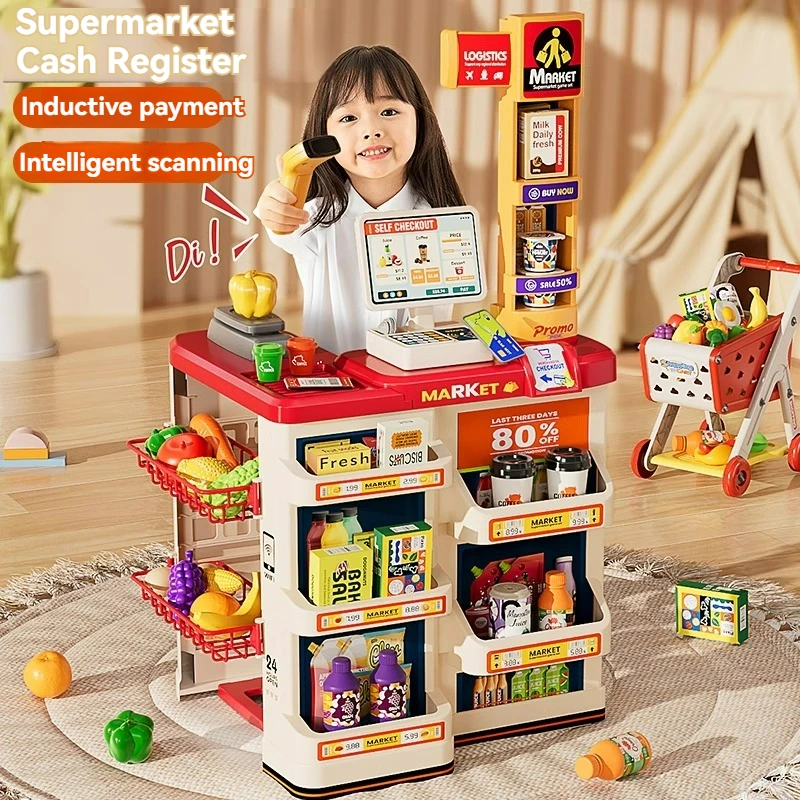 Pretend Play Calculator Cash Register Toys Supermarket Shop Cashier Registers with Scanner Credit Card Christmas Gifts for Kids