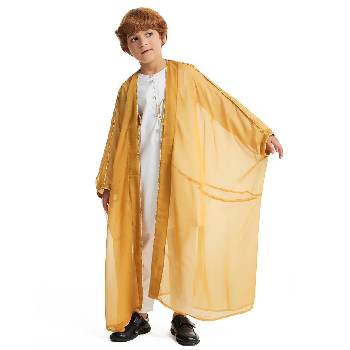 Cardigan fin pour adolescents du Moyen-Orient, robe musulmane pour garçons, Jubba Thobe, Abaya ouverte, Dubaï, Turquie, Kaftan pour enfants, robe arabe islamique, Eid