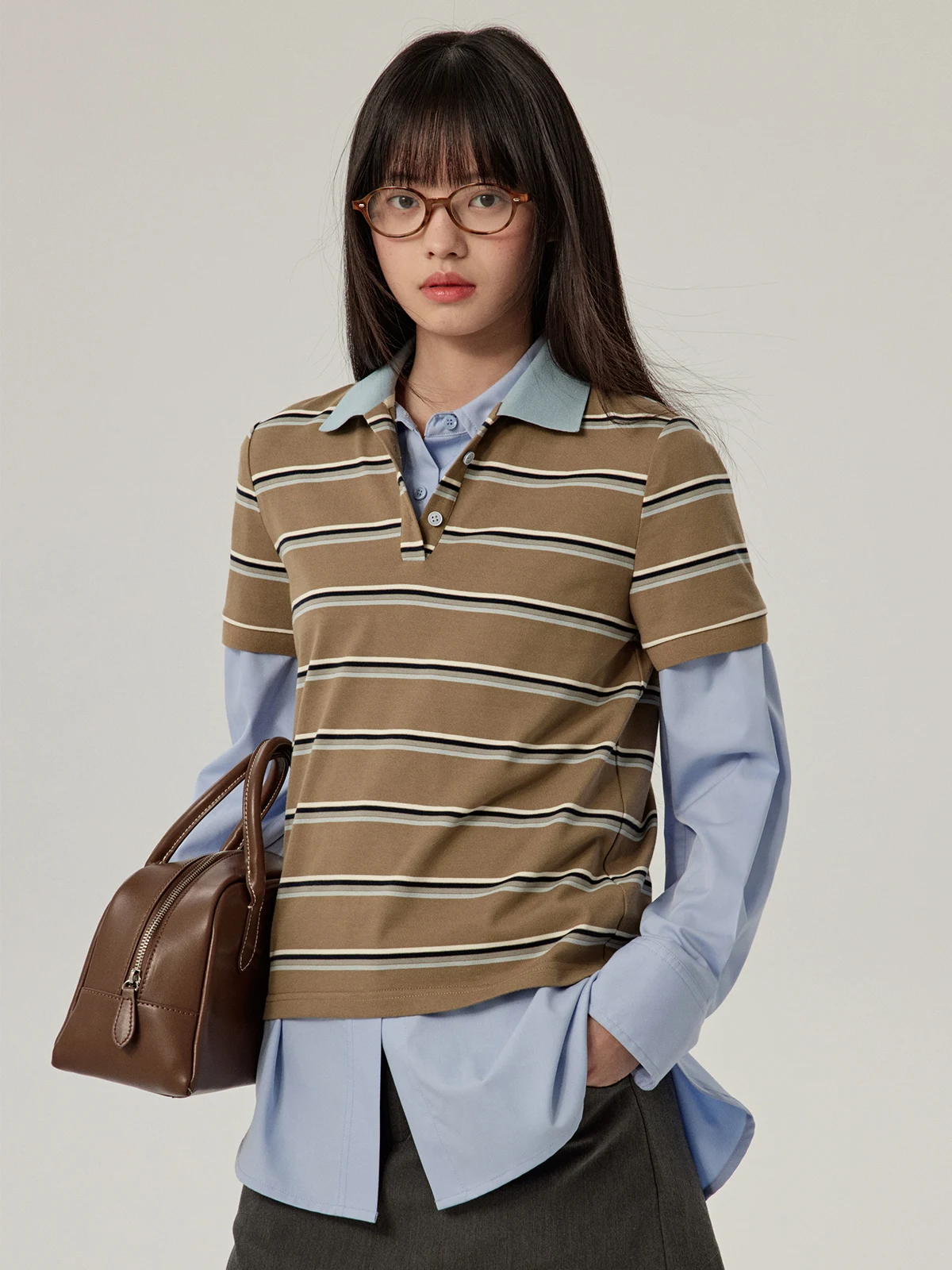 

nt Casual Stripe Ne ort Sve T-irt Spring Flip Collar Color Blo College Sle Top Women's Faion Cotton Po...