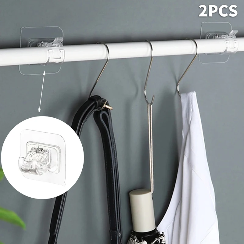 2PCS Curtain Rod Hook Curtain Rod Clamp Retainer No Punch Paste Bracket Telescopic Rod Stick Hook Curtain Rod Clamp Holder Hooks