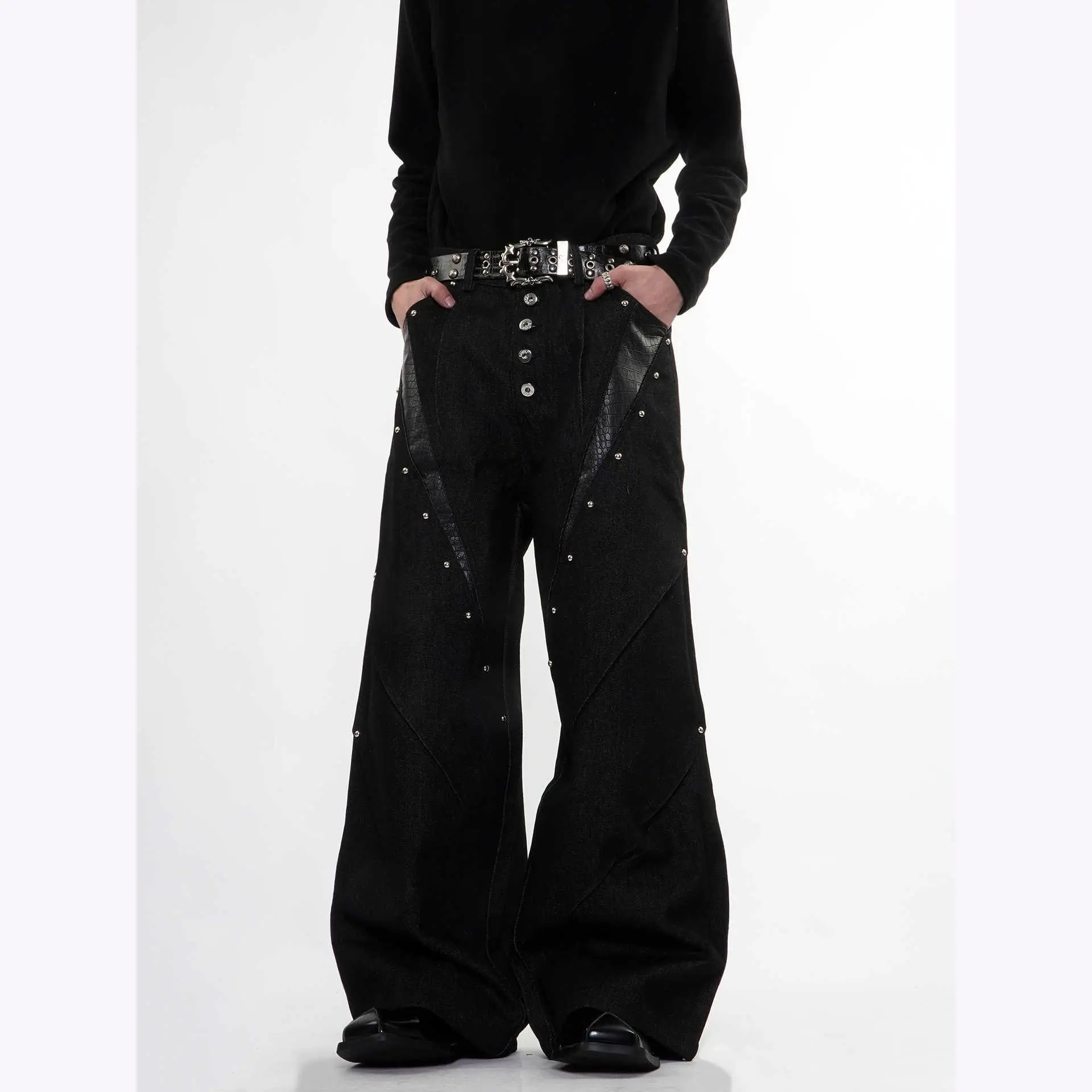 2026 New American Street Deconstruction Splicing Jeans Men's Loose Breasted Rivets Black Wide-leg Trousers