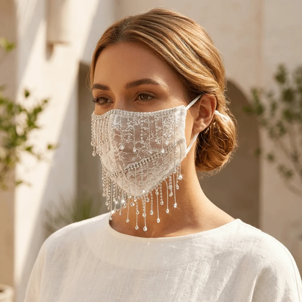 Fashion Breathable Bling Face Mask Tassels Sunscreen Mesh Tassel Mask Rhinestone Lightweight Cosplay Mask Daily Life