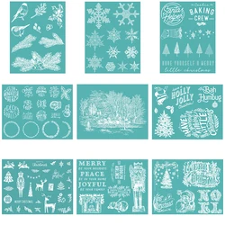 Holly Jolly Merry Christmas Silkscreen Stencil Tree Birds Elk Snowflake Mixed Ornamenrt Ahesive Mesh Stencils for DIY Home Decor