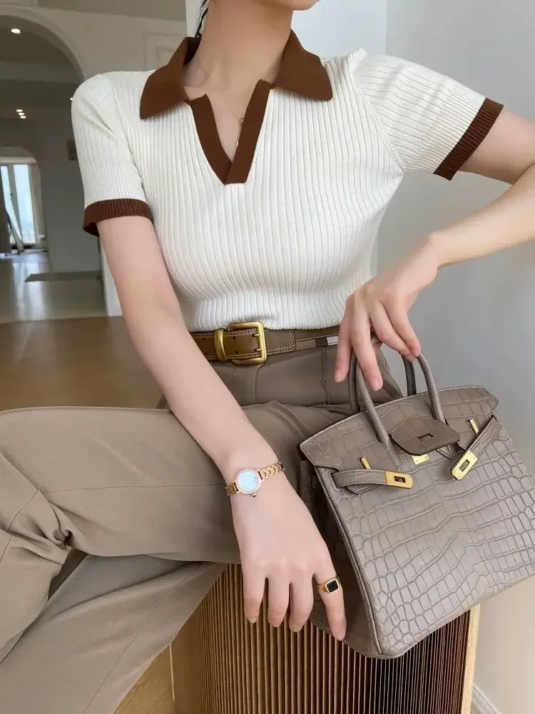 

High end polo shirt women's summer contrasting color V-neck short sleeved ice silk top slim knit sweater