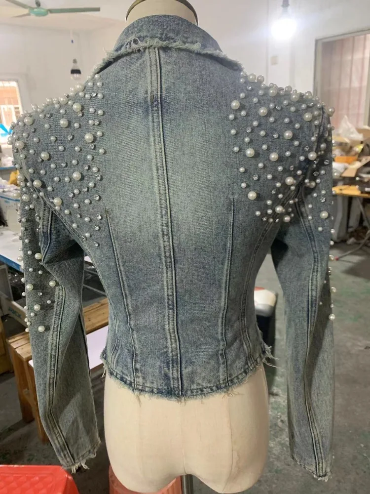 Primavera perla diamanti perline giacca di Jeans donna Vintage dentellato blu Slim Jeans cappotto femminile manica lunga capispalla da Cowboy corto