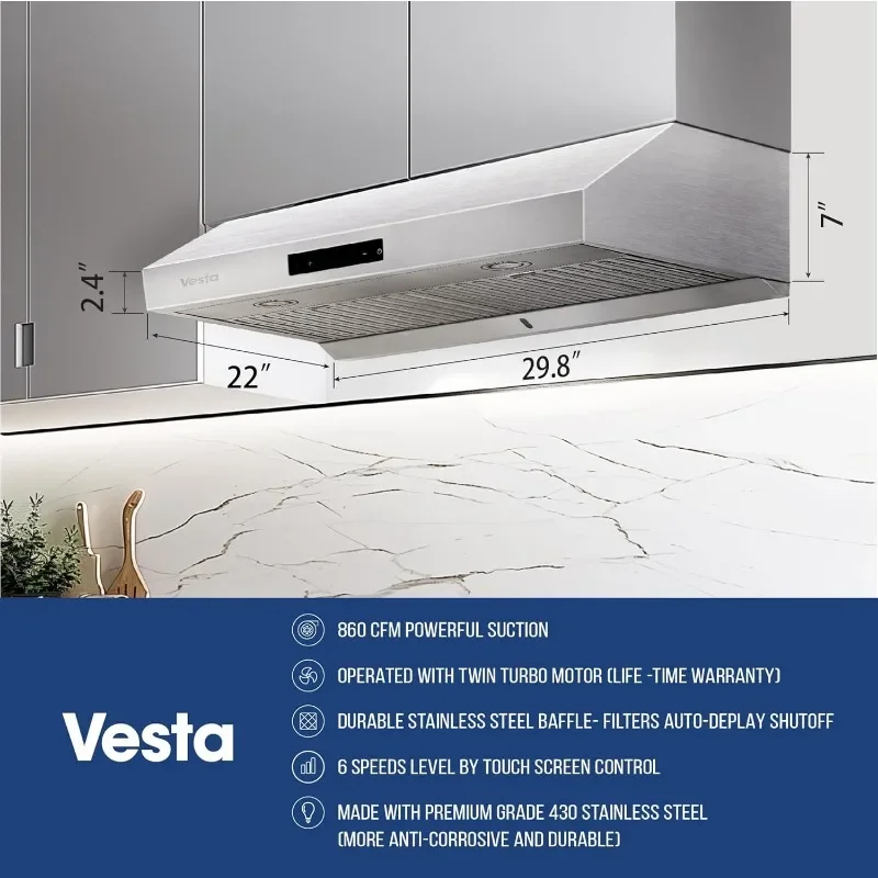 غطاء محرك السيارة من الفولاذ المقاوم للصدأ مقاس 30 بوصة من Vesta Atlanta 860CFM مع محرك مزدوج، وإيقاف تأخير تلقائي، وتصميم معاصر، وأداء احترافي