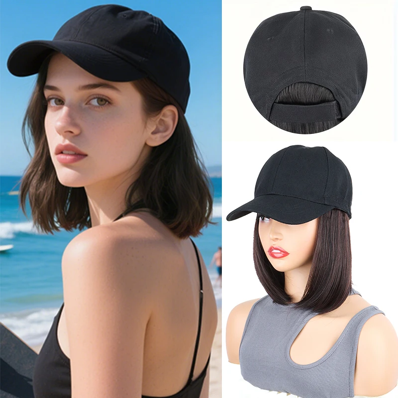 12Inch Synthetic Baseball Cap Hair Extensions Short Straight Bob Adjustable Hat Wig Easy Wear for Daily Party Women