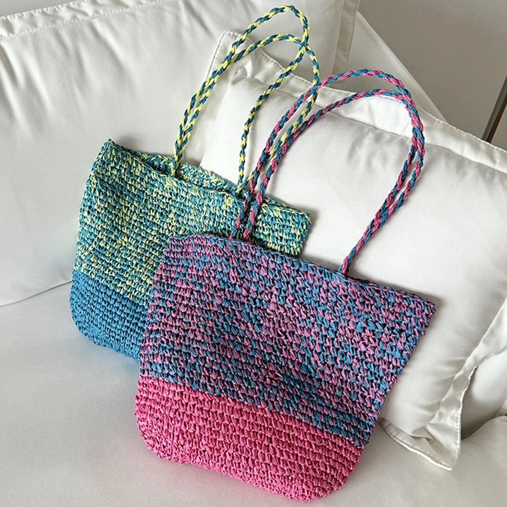 

Цветные тканые сумки-тоут для женщин, пляжная сумка, богемная лоскутная соломенная сумка на плечо, бумажная веревка, вязаные сумки и кошелек-шоппер