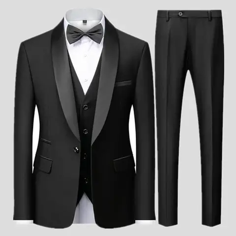 Ensemble trois pièces pour hommes, noir, fête de mariage, grande taille, Blazer, manteau, pantalon et gilet, costume ajusté à la mode, automne